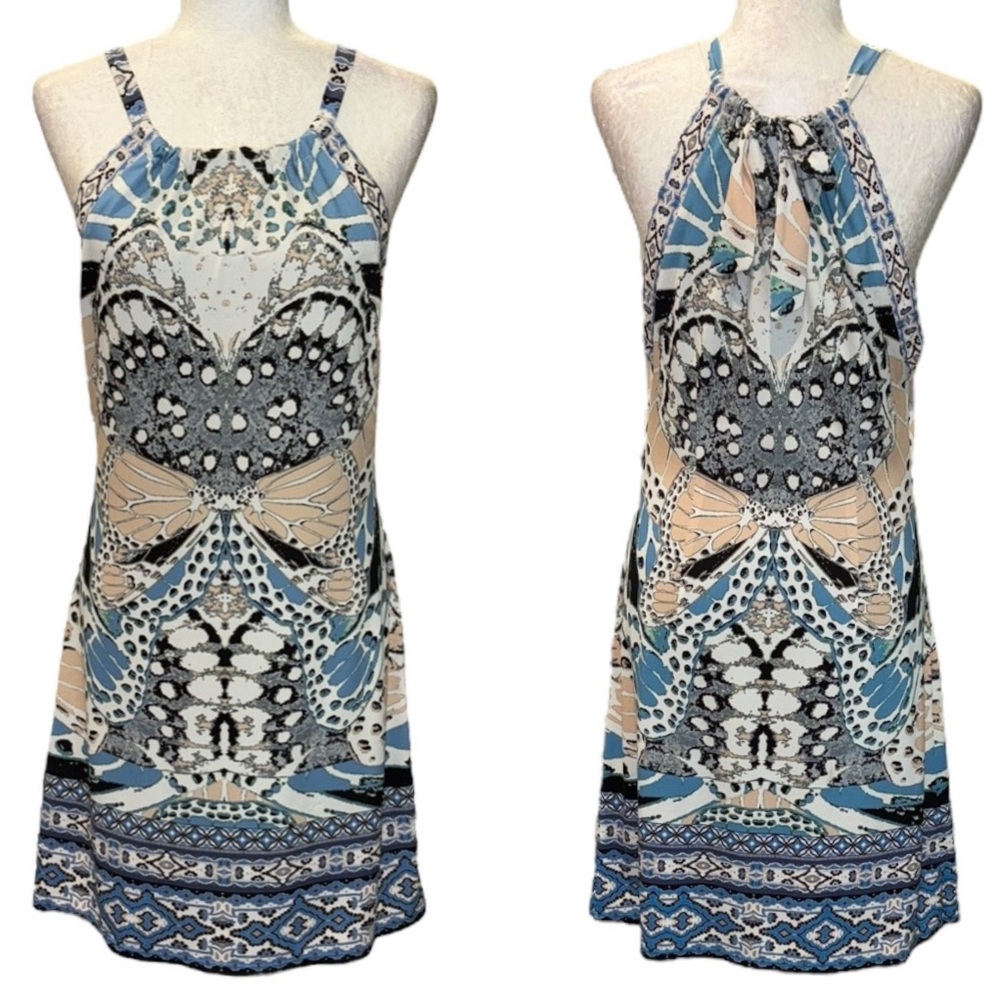 Hale Bob Butterfly Moth Print Halter Tie Neck Mini Dress - XS